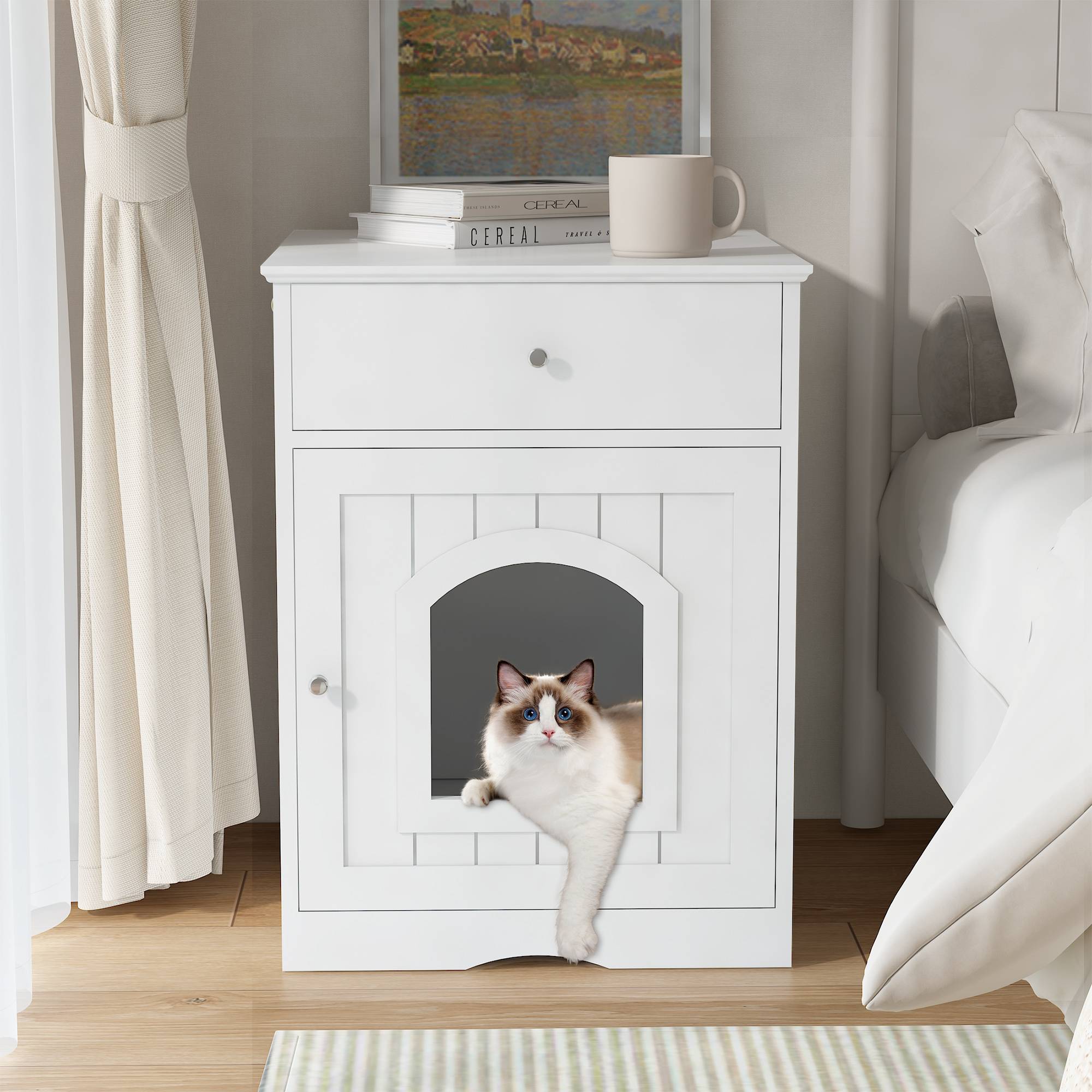 Wooden Pet House Cat Litter Box Enclosure With Drawer Side Table Cat Home Nightstand - Image 6