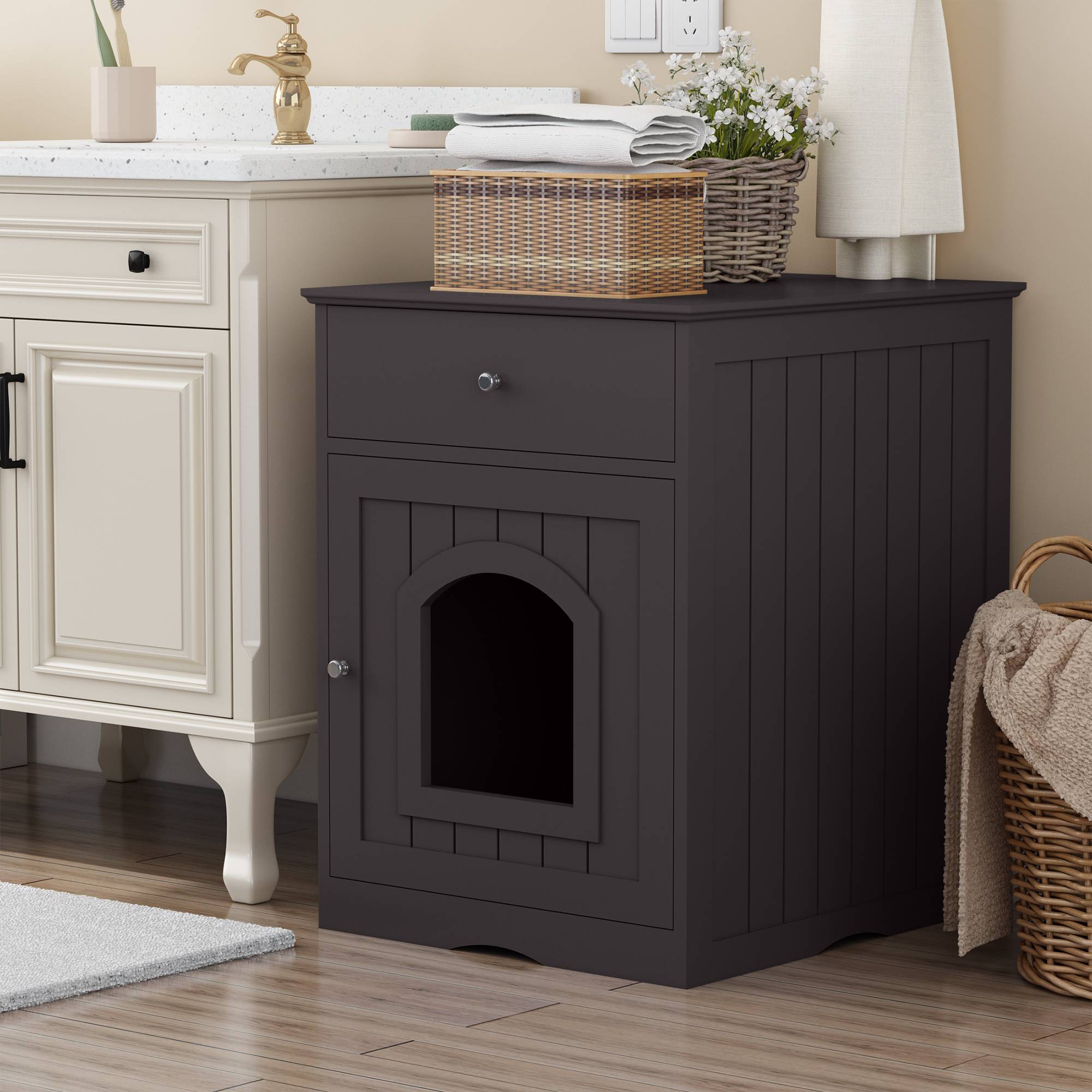 Wooden Pet House Cat Litter Box Enclosure With Drawer Side Table Cat Home Nightstand - Image 19