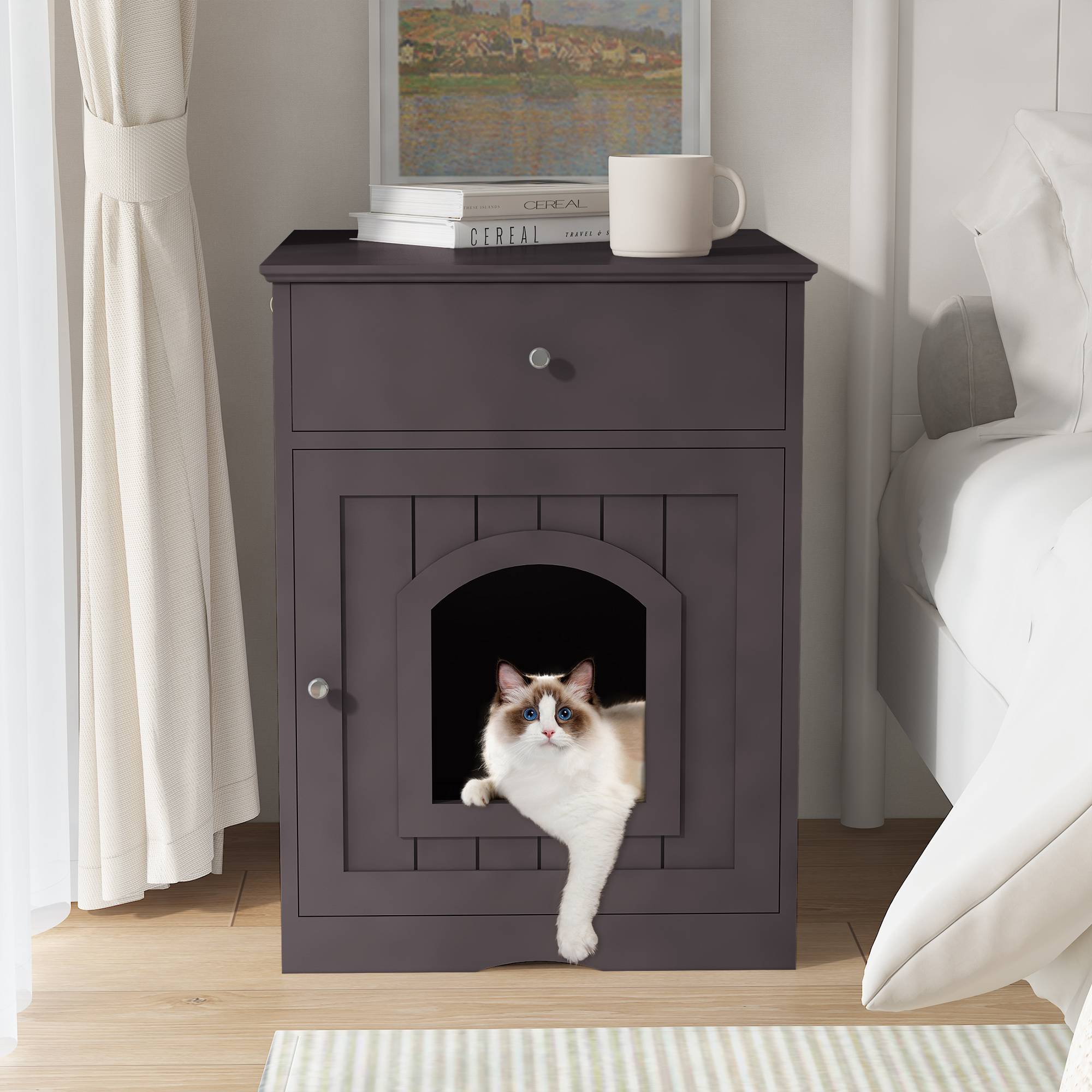 Wooden Pet House Cat Litter Box Enclosure With Drawer Side Table Cat Home Nightstand - Image 20